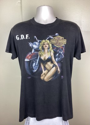 Vtg 1988 3D Emblem Harley Davidson T-Shirt Black L 80s Sexy Woman