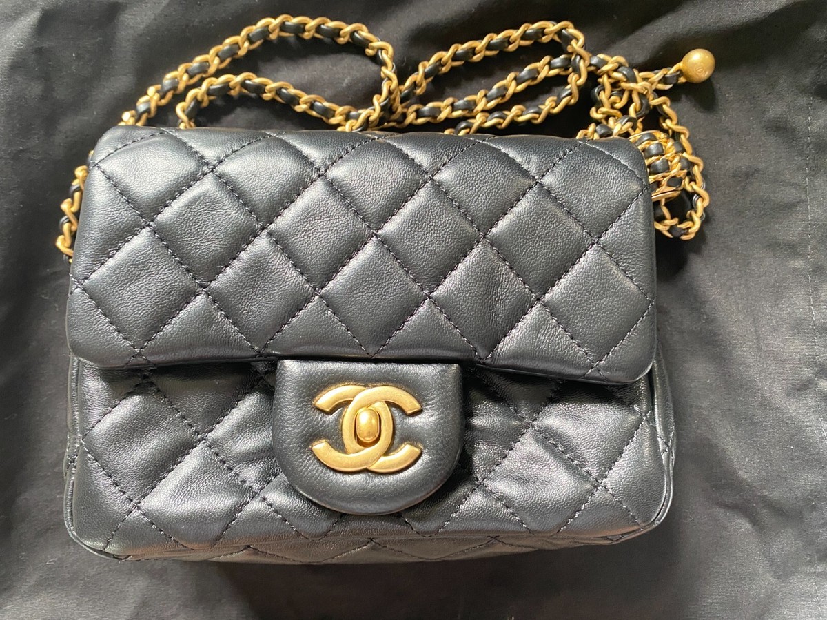 CHANEL Black Mini Square Pearl Crush Gold Ball Lambskin Flap Bag