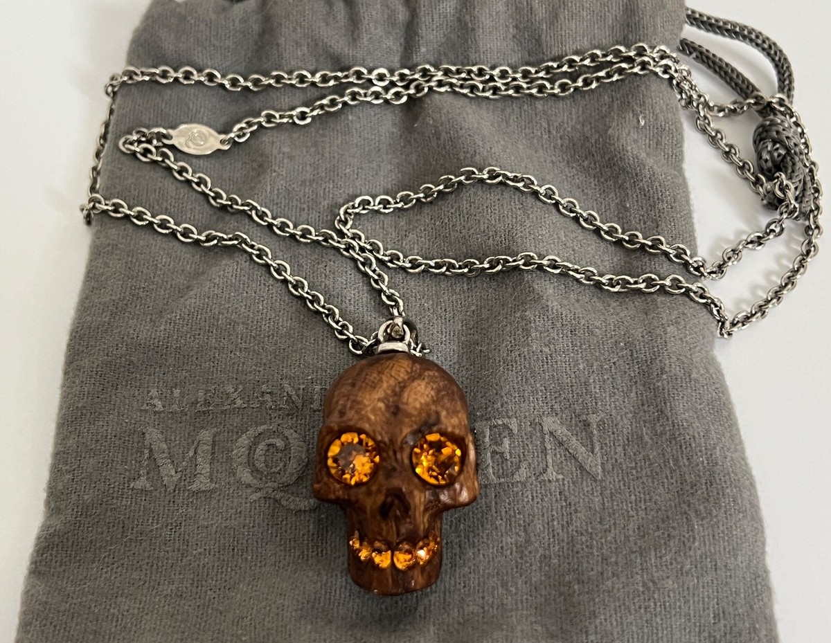 NIB Alexander McQueen Carved Wood 3D Skull Crystal Iconic Long
