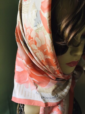 HERMES Paris 100% Silk Scarf Les Pivoines Peony Print Orange