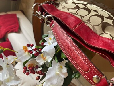 COACH F12657 Zoe Medium Hobo bag purse Khaki jacquard Red leather