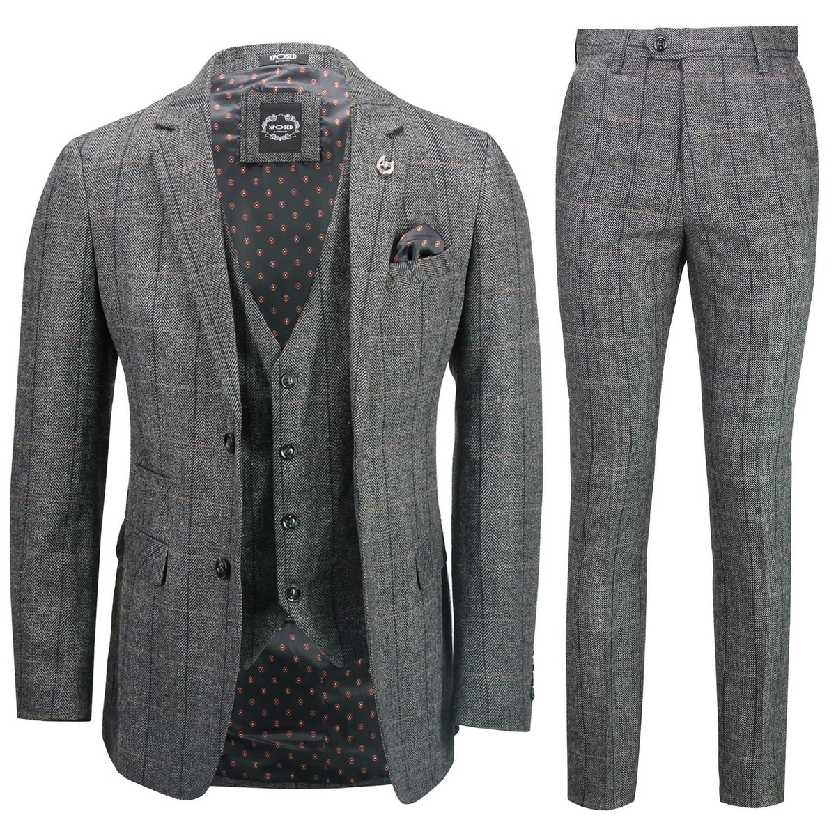 Mens 3 Piece Grey Tweed Suit Herringbone Check Vintage Peaky