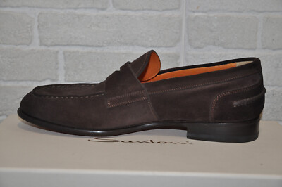 Authentic New Men's Santoni Brown Suede Leather Loafers,UK7.5/US8