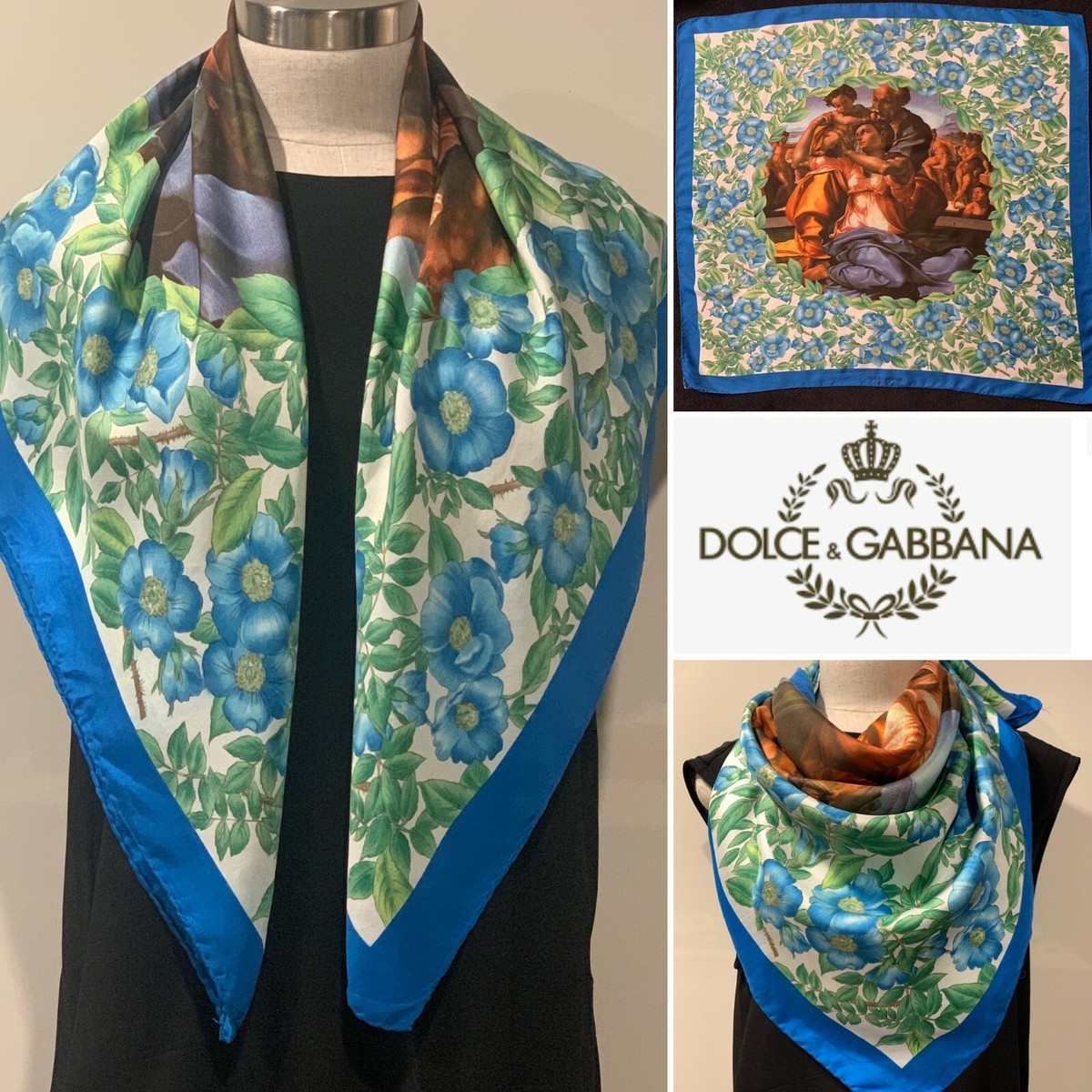 DOLCE GABBANA 100% Silk Twill Renaissance Floral Handroll Hems