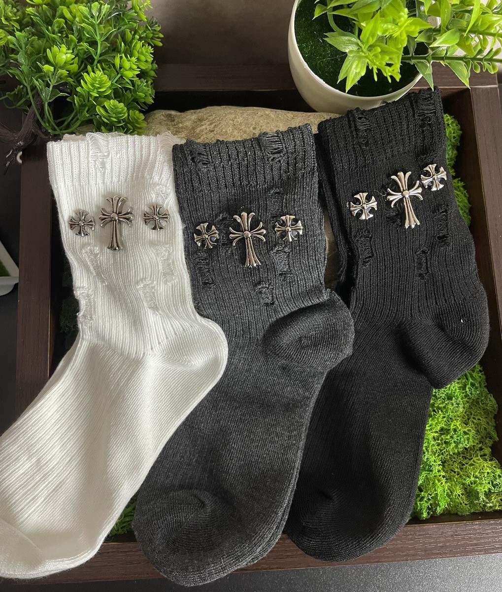 Lot 3 Chrome Hearts Style Socks Black Grey White Iron Cross