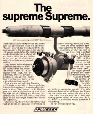 1970 PFLUEGER FISHING REEL PRINT AD, #550 SUPREME SPINN , FISHING