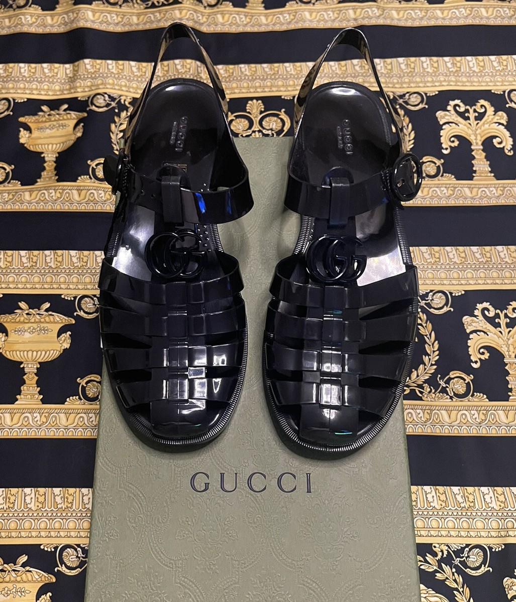 NEW AUTH Gucci 674132 BLACK RUBBER SHINY SANDALS SHOES FISHERMANS