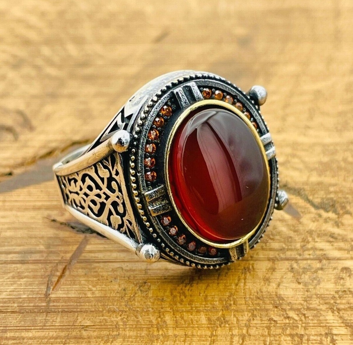 Men Sterling Silver Ring, Red Agate Stone Ring, 925K Mens Jewelry