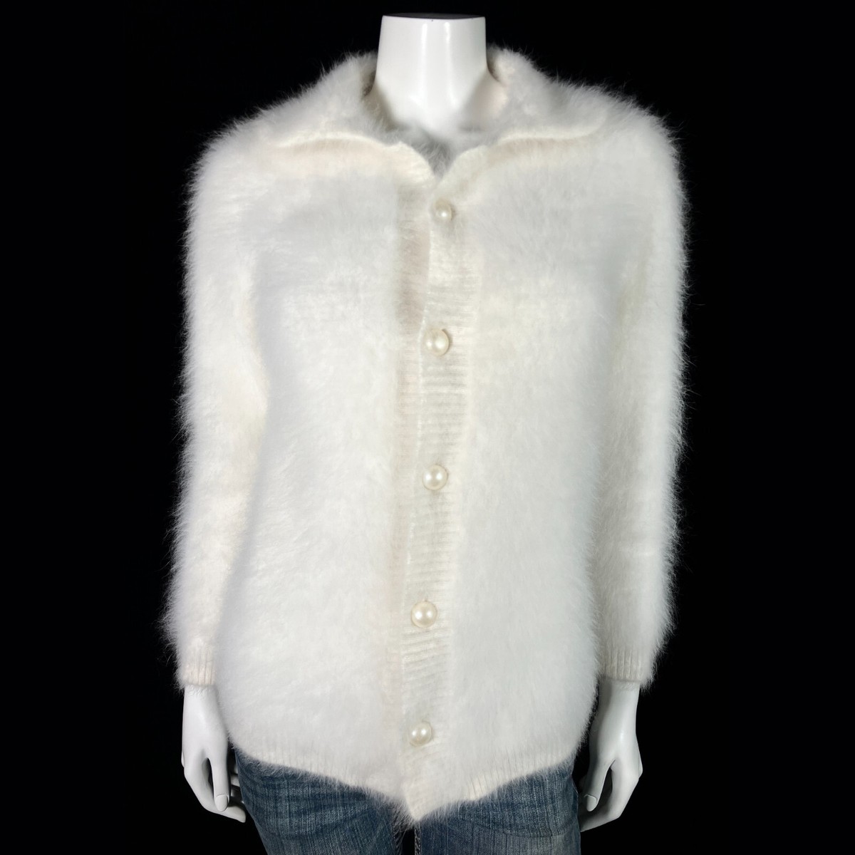 80% Angora Fuzzy White Collared Long Sleeve Cardigan Sweater 34 in