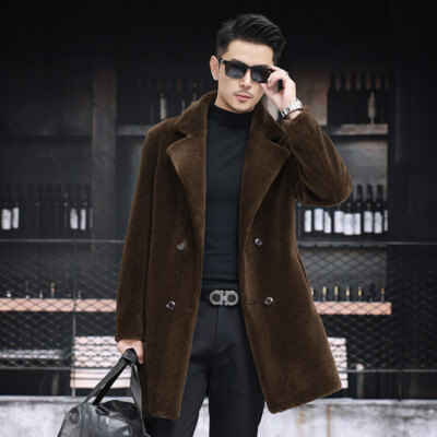 Mens Real Lamb Wool Shearling Fur Lined Mid Long Jacket Reversible