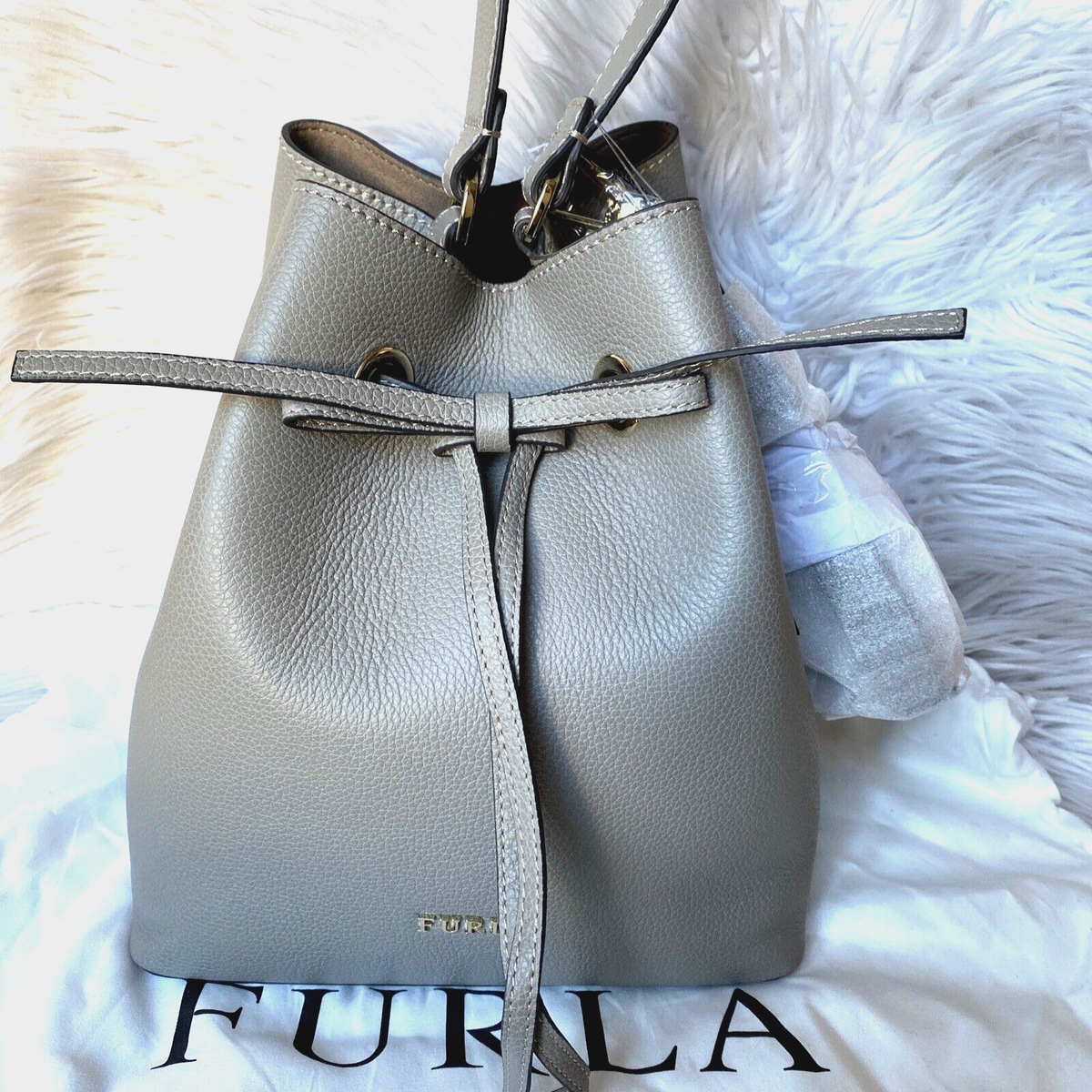 FURLA Costanza Gray Leather Drawstring Top Handle Bucket Shoulder