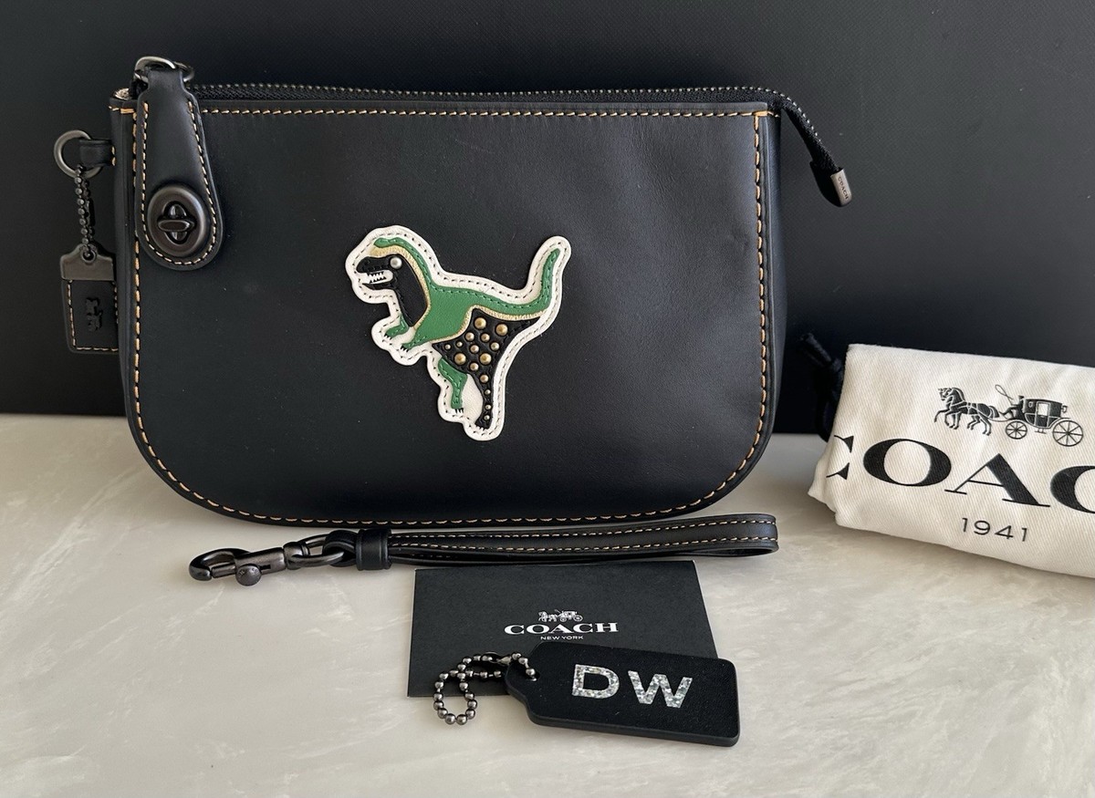 COACH 1941 STUDDED REXY VARSITY PATCH BLACK LEATHER POUCH WRISTLET