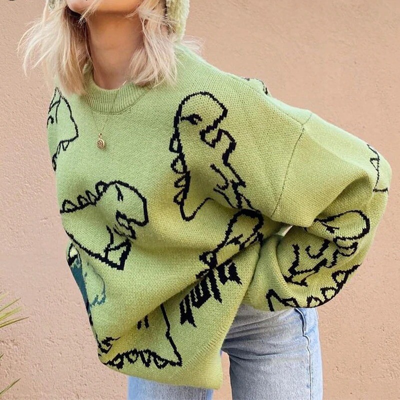 Green Oversized Dinosaur Sweater 90s Retro O Neck Casual Loose