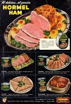 1951 vintage food AD HORMEL Canned Ham chopped, whole, with beans