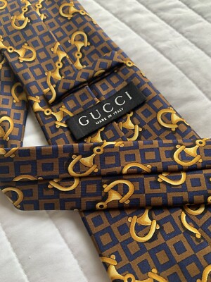 Gucci Dark Brown & Gold Keychain Print Silk Neck Tie Classic Fit