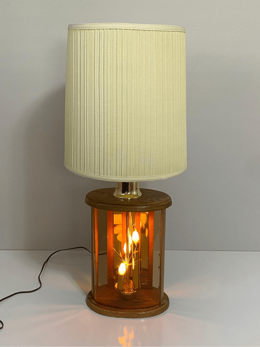 Vintage Mid-century Smoked Glass and Wood 3 Way Table Lamp 27in H