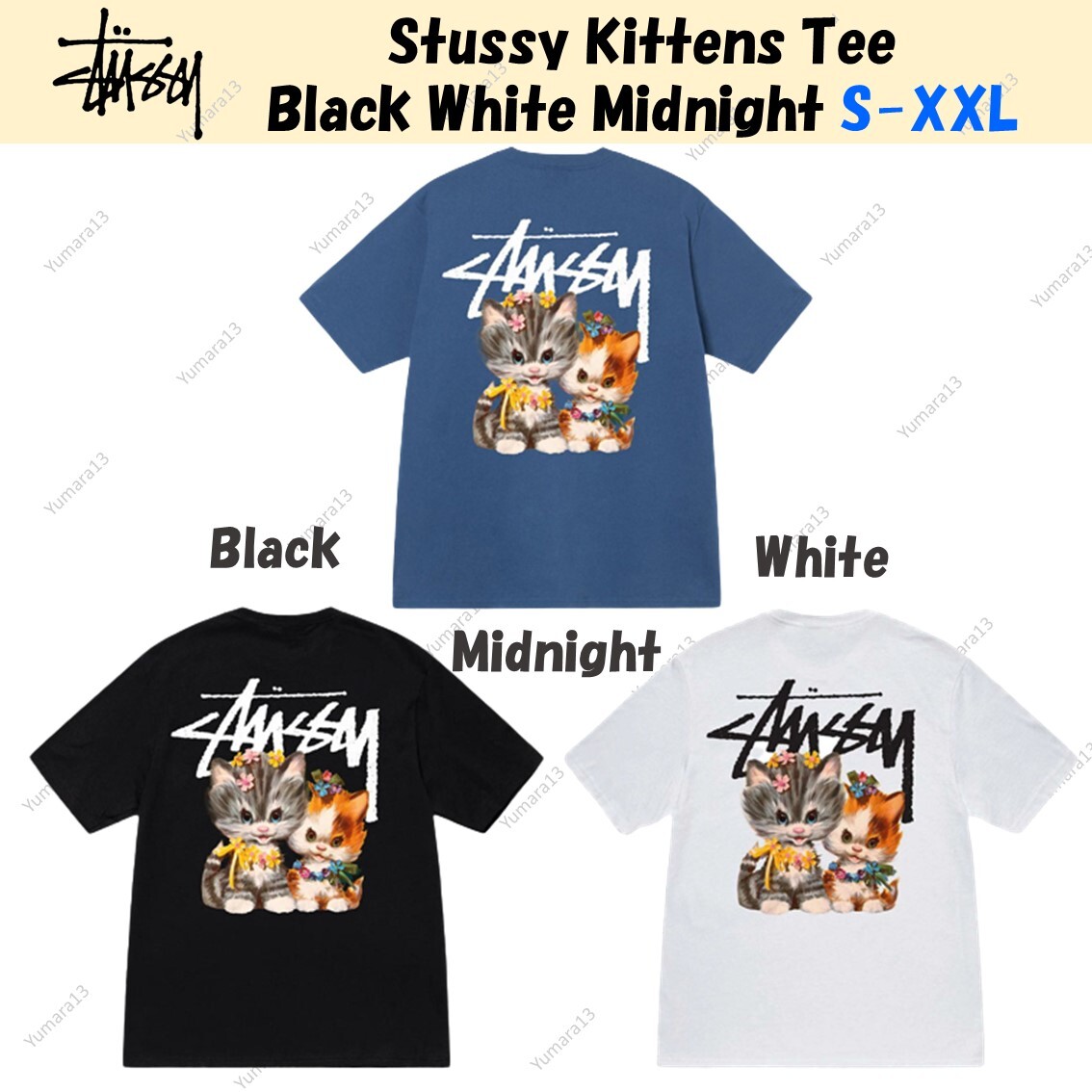 Stussy Kittens Tee Black White Midnight 3colors T-shirts Size S