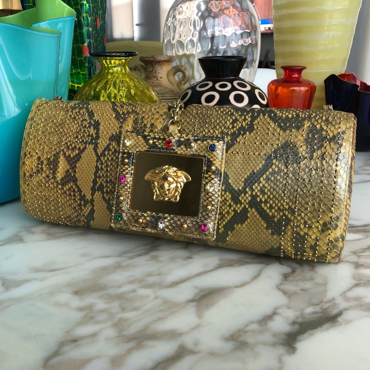 GIANNI VERSACE Embellished Snakeskin Clutch Bag w/ Mirror Medusa