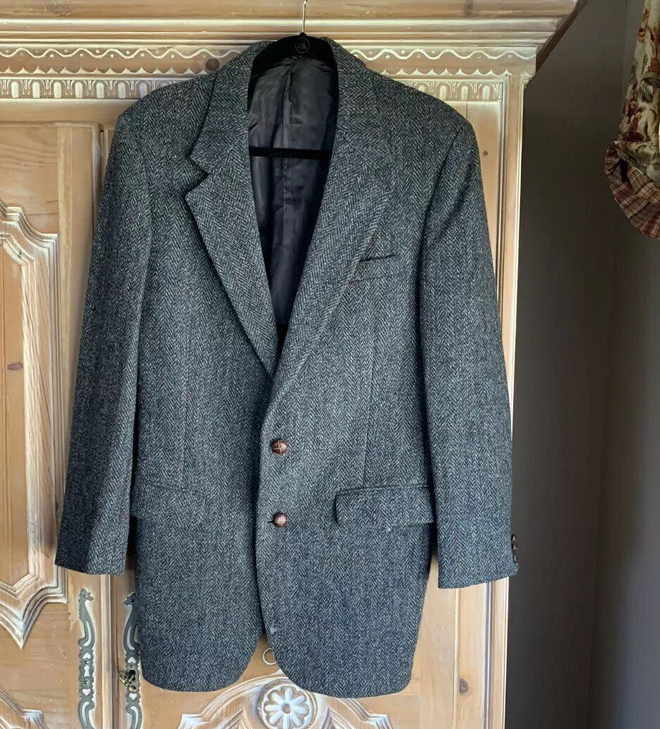 Vintage Men's Blue Harris Tweed 2 Button Sports Jacket w/Leather