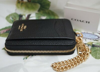 NWT COACH 6303 Zip ID Card Case With Gold Chain Strap BLACK