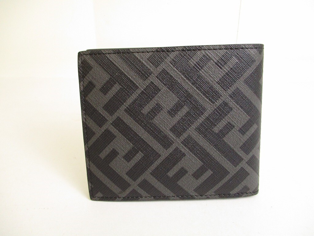 Auth FENDI Zucca Gray Fabric Black Leather Bifold Wallet Diagonal