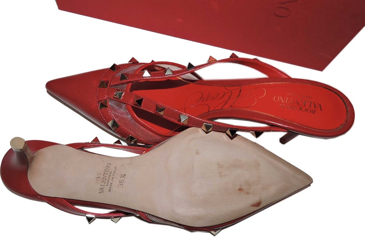 36.5 VALENTINO Sandals Red Leather Mules Rockstud Kitten Heels