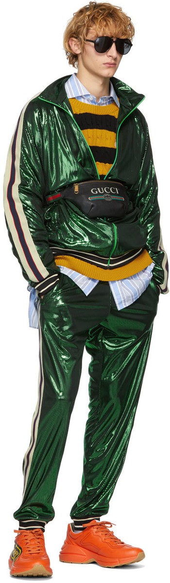 New Auth GUCCI Green OVERSIZE LAMINATED Street Style TRACK Jacket