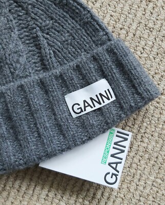 Genuine GANNI Frosty Grey 76% Wool Knitted BEANIE Hat Toque Womens