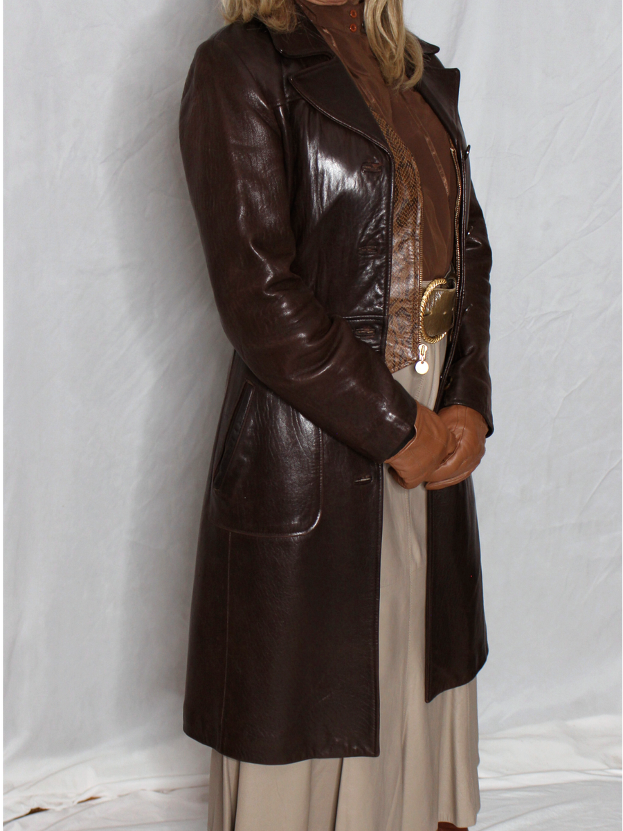 Womens Leather Coat Brown S Long 3/4 SOFT Lambskin Vintage 80s 90s