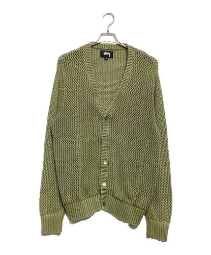 STUSSY CURLY S Logo Green Knit Sweater Size L Cotton Jacquard