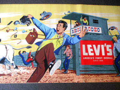 LEVI'S JEANS 1960s STORE DISPLAY Paper banner & Wall hanger RODEO