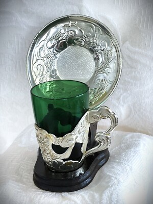 Vintage Japanese Saki Silver Plate Saucer Green Glass Cup