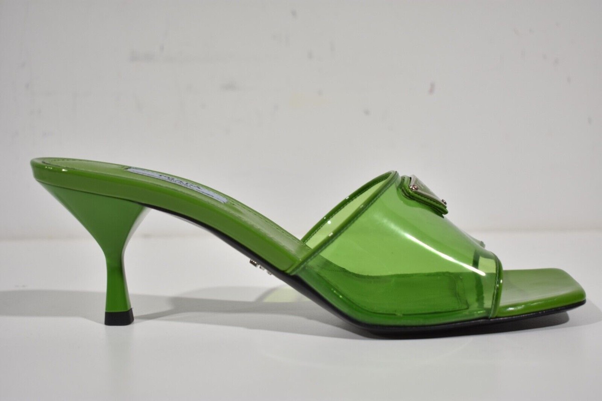 Prada Plexiglas Green PVC Patent Leather Backless Sandal Mule Heel
