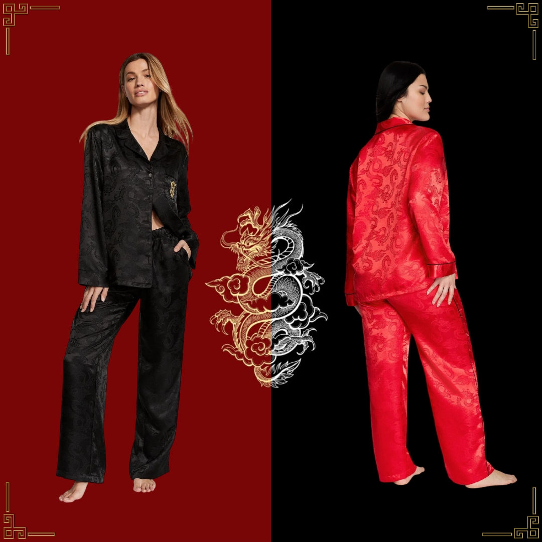 NWT Victoria's Secret Satin Pajamas Set Red or Black Dragon Gold V