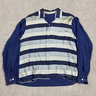 Vintage 50s Striped Rayon Gabardine Loop Collar Shirt Mens Medium