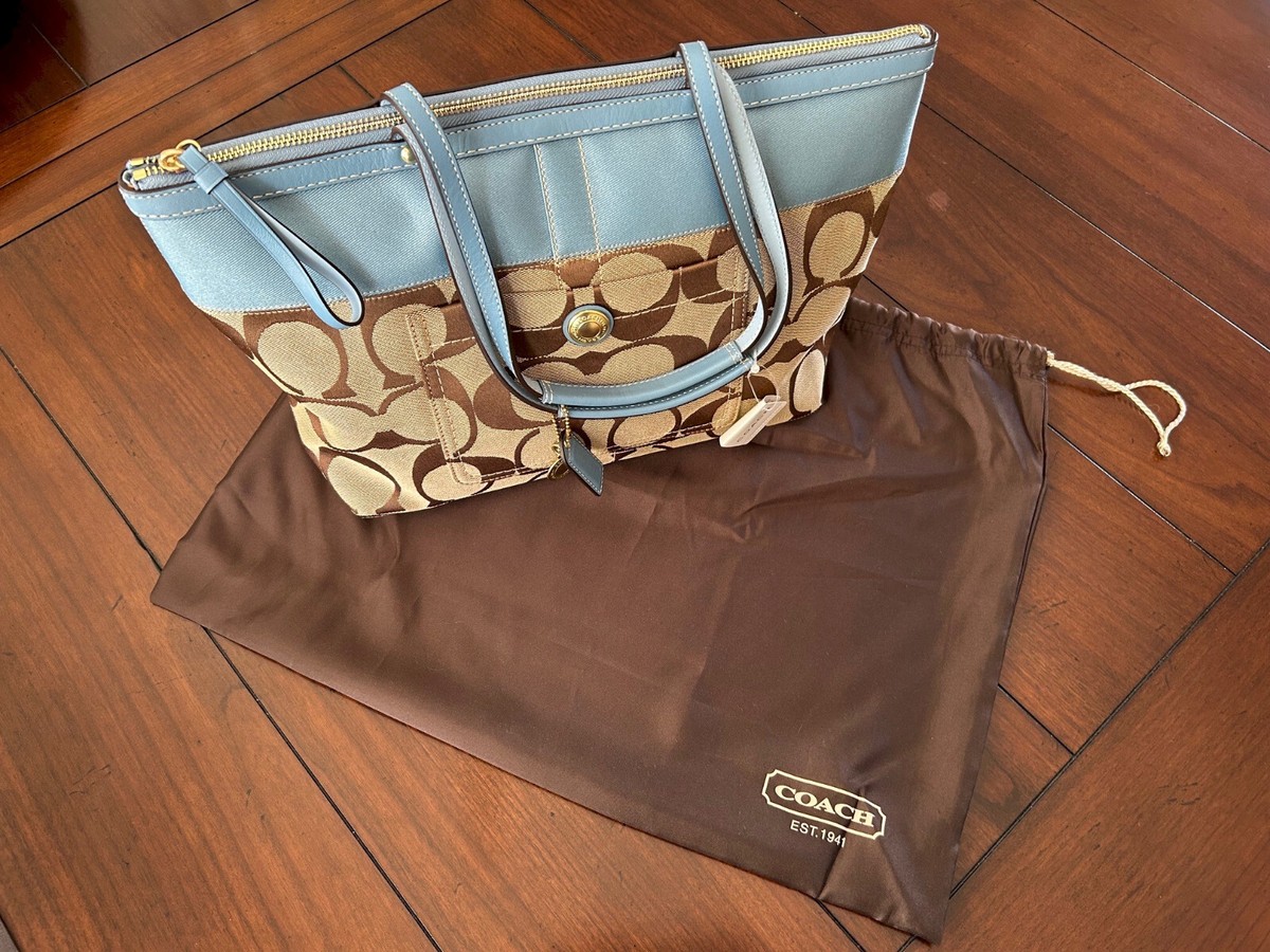 Coach Signature Stripe Khaki / Blue Shoulder Tote Purse + Dust Bag