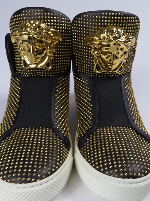 NEW 40 VERSACE sneaker black gold leather stud Medusa Palazzo Idol