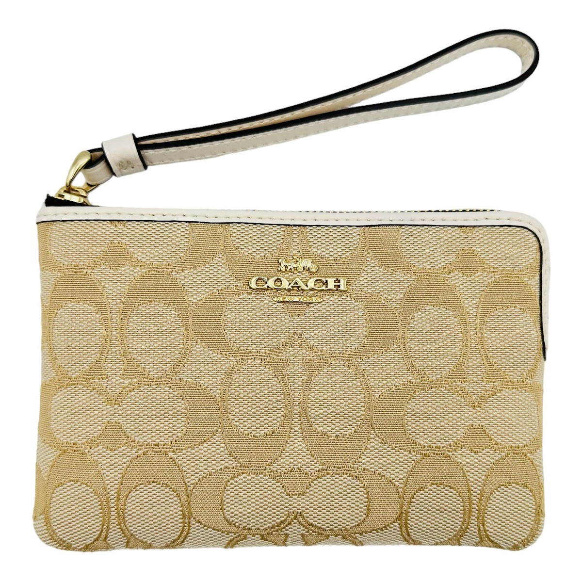 Coach Double Corner Zip Wristlet In Signature Canvas Beige Tan
