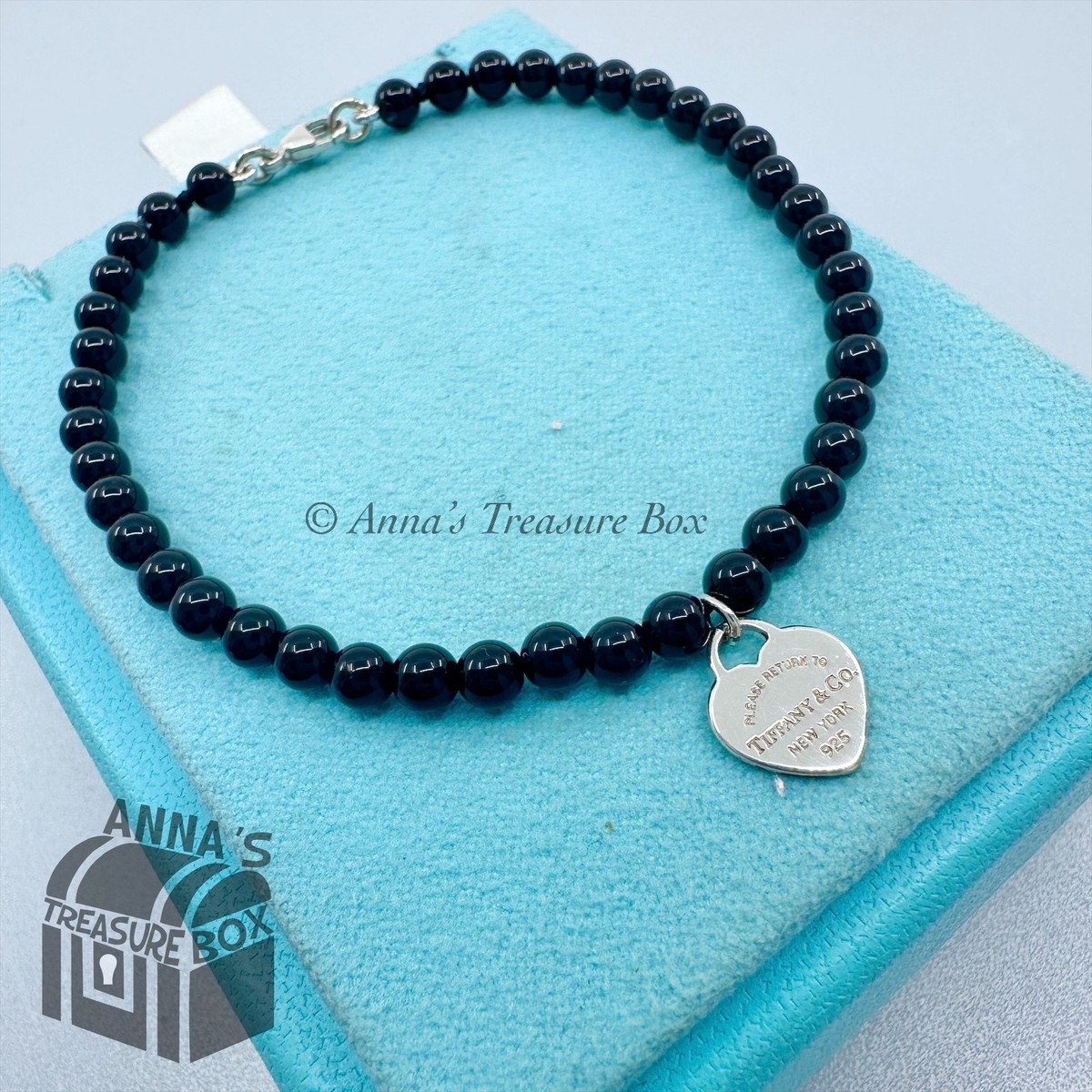 Tiffany & Co. 925 Silver 4mm Black Onyx Mini RTT Heart 7.25