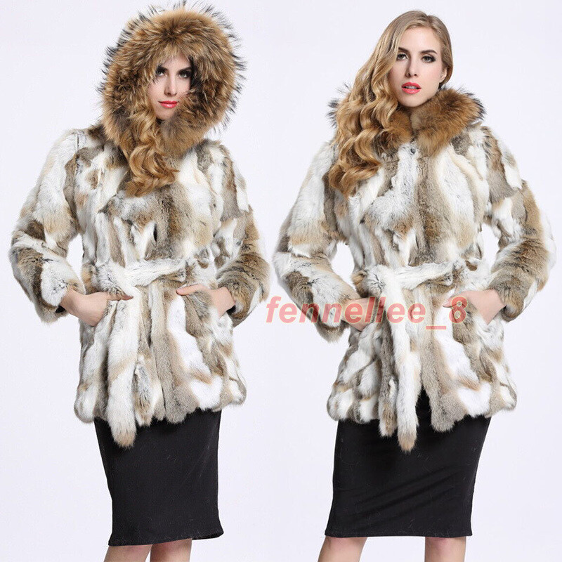 Women's 100% Real Rabbit Fur Coat Real Raccoon Fur Hooded Jacket