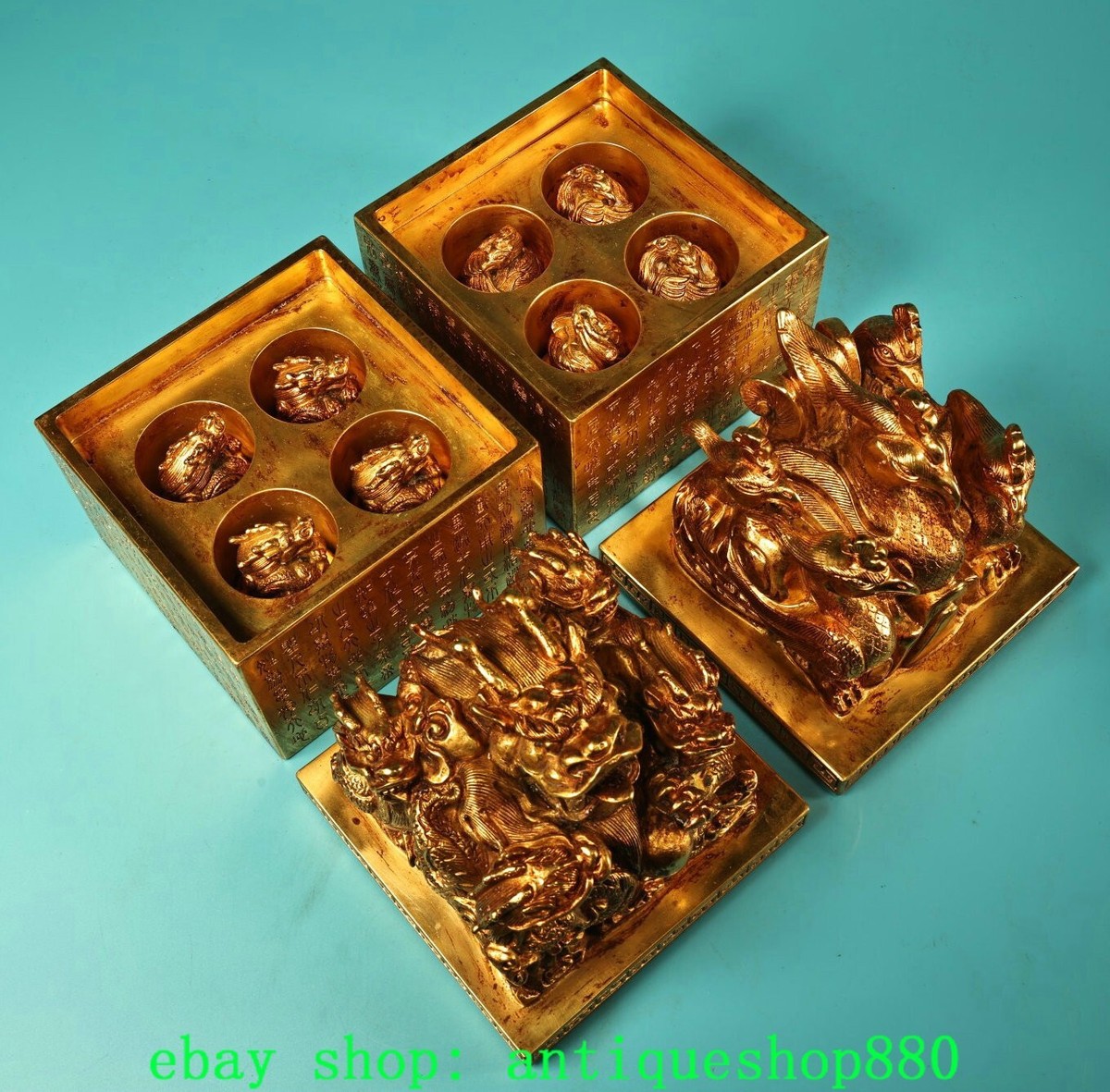 7.8''Old Qing Dynasty Bronze Gold Dragon Phoenix Word Seal Stamp