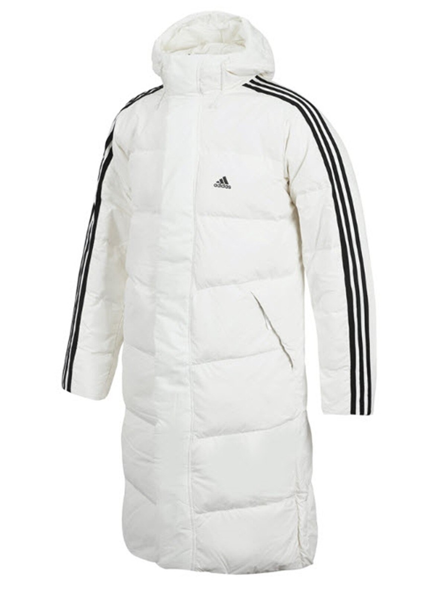 Adidas Men 3-Stripe Long Down Coat Padded White Jacket Parka GYM