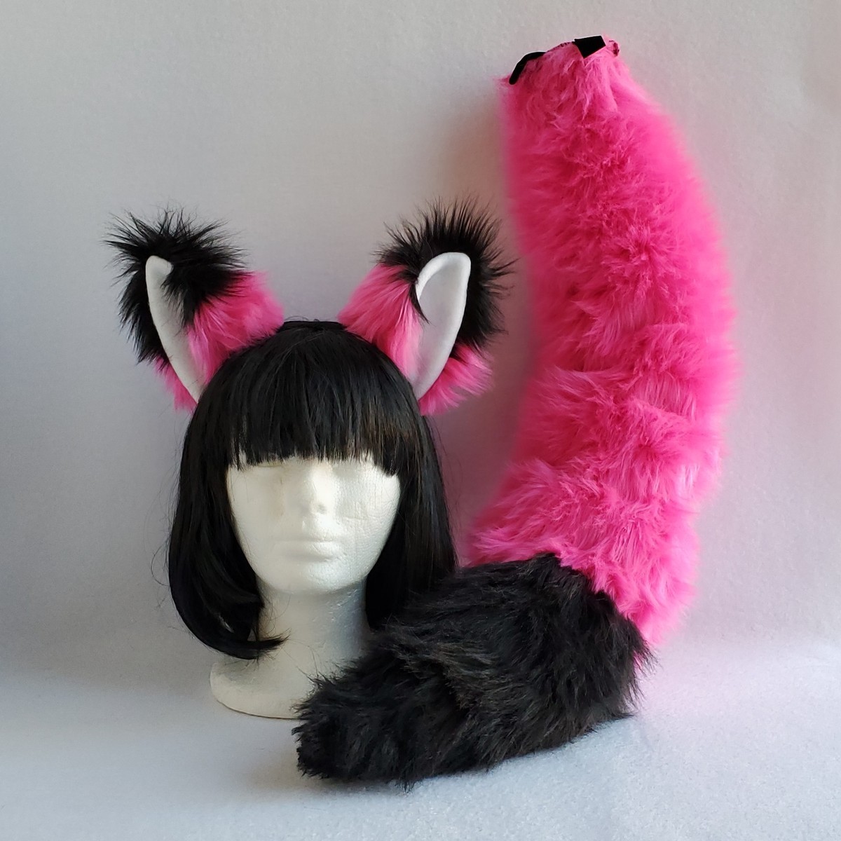Hot Pink FOX EARS furry HEADBAND & Fox TAIL SET Black tip Foxy