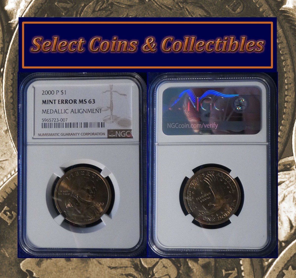 2000-P Sacagawea Dollar Rotated Die Error Coin NGC - MS 63 BU