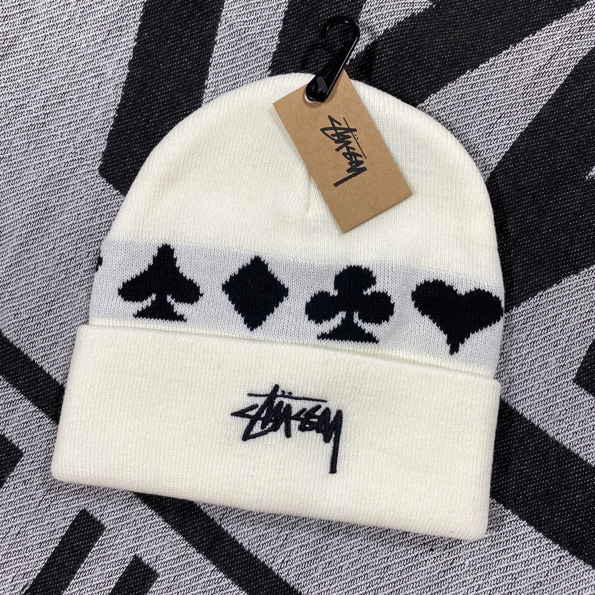 Stussy Full Suit Jacquard Beanie Hat Card Logo Natural OS BNWT | eBay