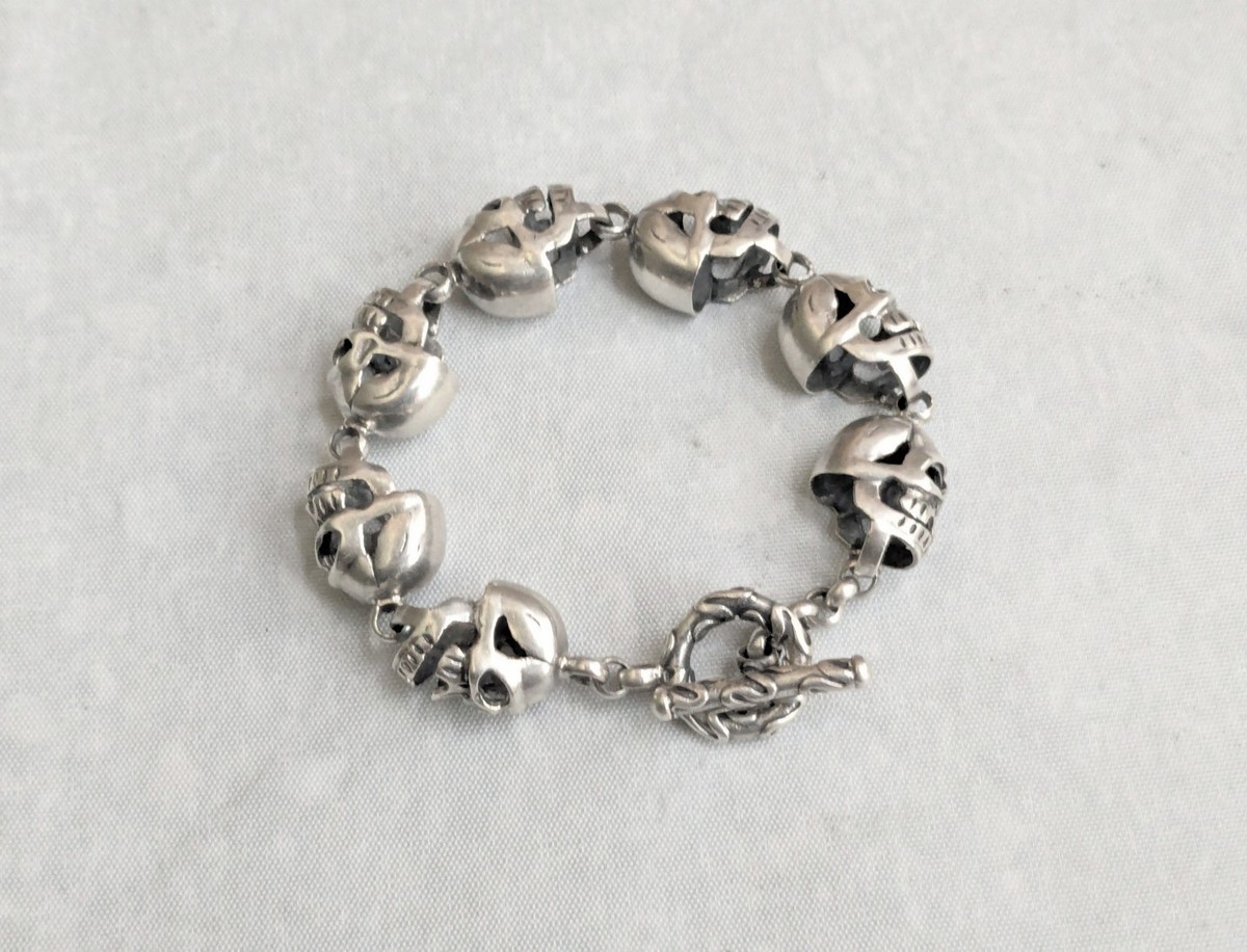 Vintage Sterling Silver Skull Bracelet 7.5