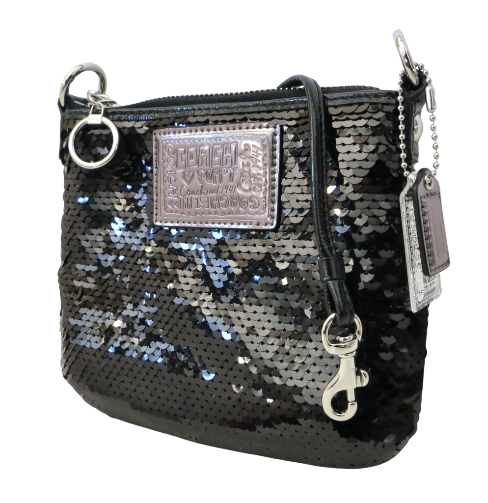 New NWT Coach Poppy BLACK Sequined DISCO Crossbody Swingpack Purse