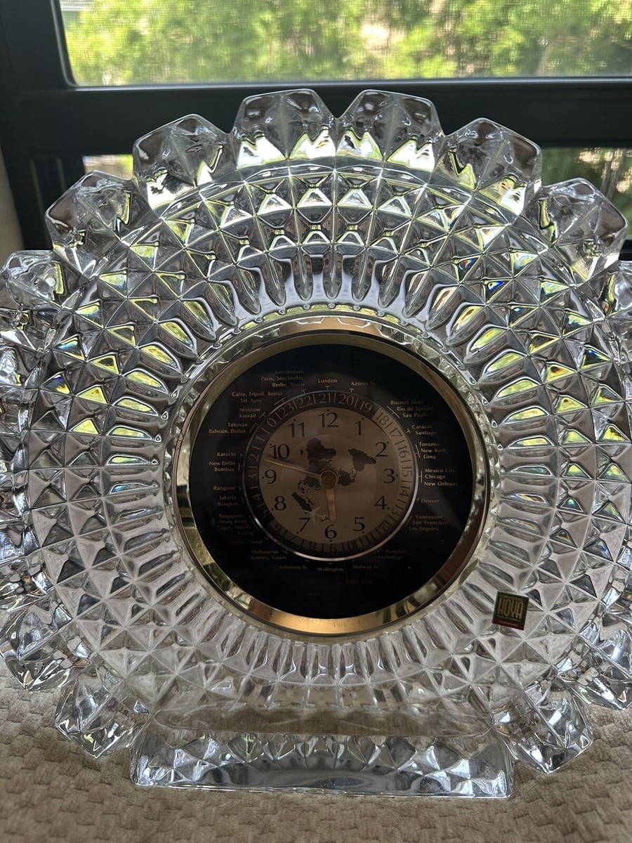 Vintage Large Hoya Japan World Mantle Desk Clock Glass Lead