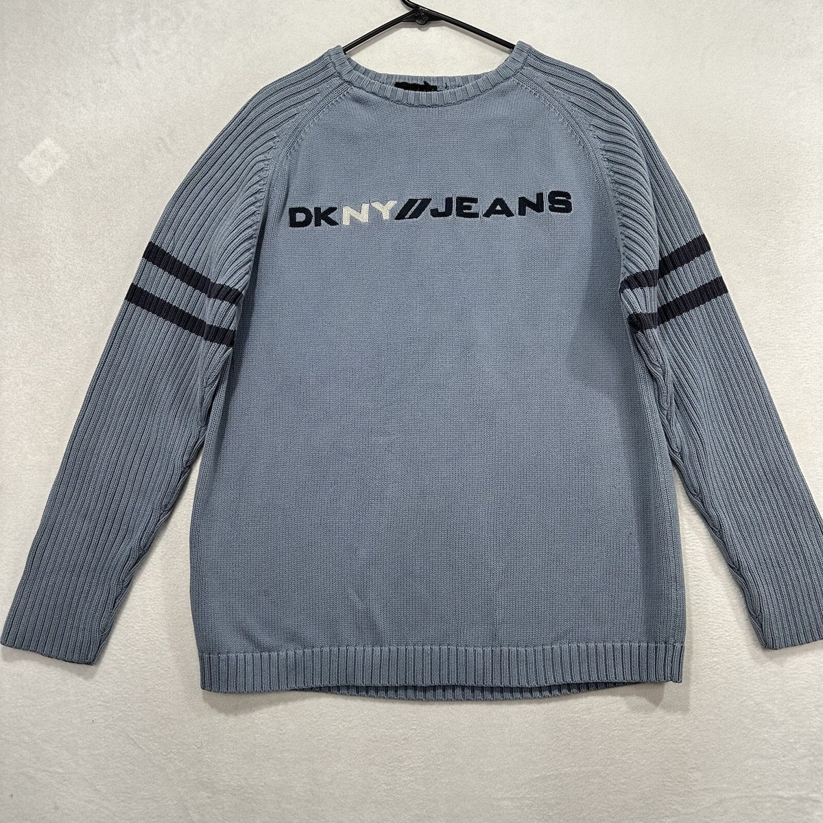 Vintage DKNY Jeans Sweater Blue Large Mens Ribbed Knit Spell-out