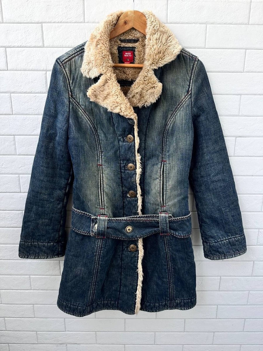 Vintage Y2k Miss Sixty 60 Womens Button Denim Sherpa Fur Coat